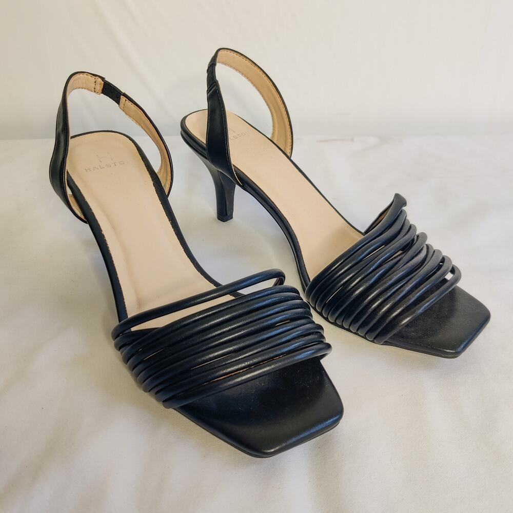 H by Halston Hong Kong Black Faux Leather Strappy Slingback Heels 7 Square Toe